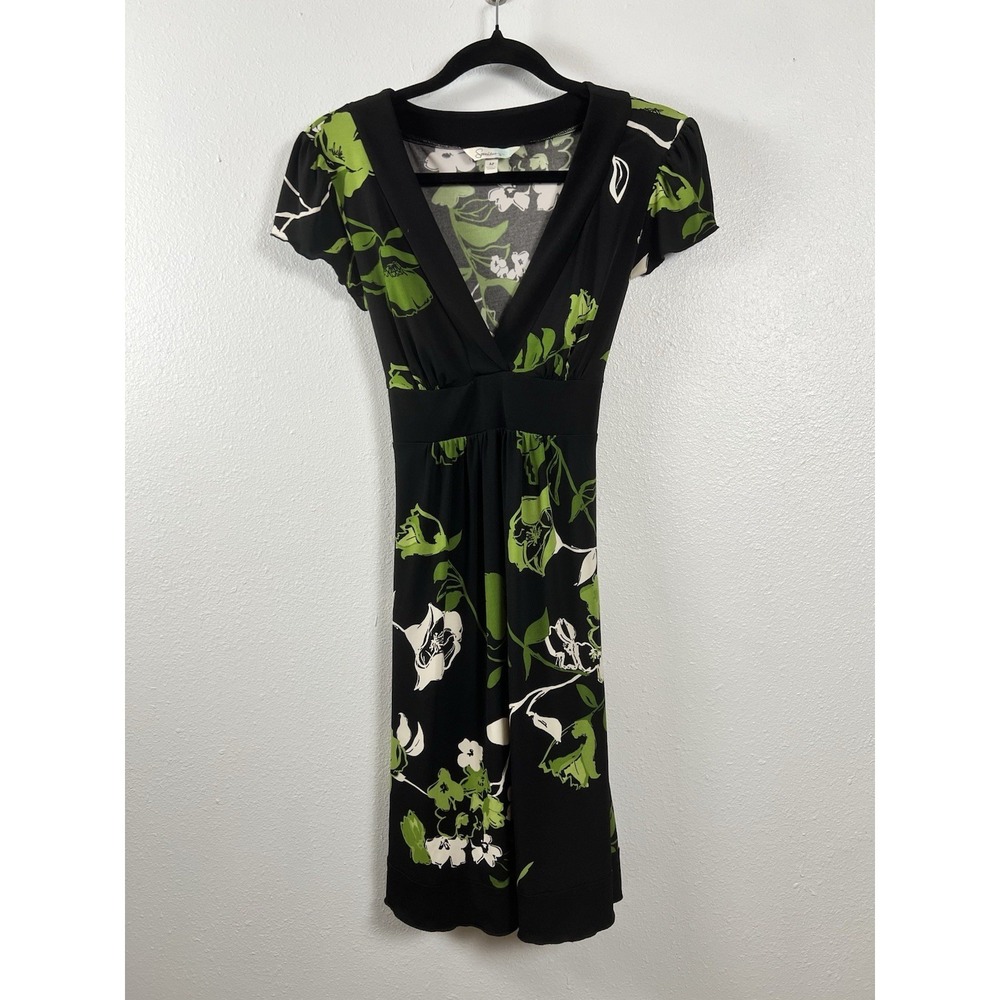 Speechless Floral Empire Waist V-Neck‎ Tie Back Dress Black Green M M59401KCX